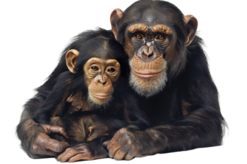 A mother chimpanzee and her young offspring cuddle together with affection in a caring moment captured indoors on transparent background