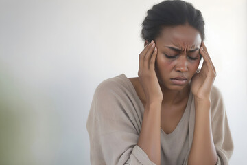 Woman suffering from stress, migraine or a headache grimacing in pain