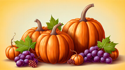 Vibrant Autumn Harvest Still Life with Pumpkins, Grapes, and Maple Leaves: A Seasonal Illustration Celebrating Cozy Abundance of Bright Orange and Green Pumpkins, Plump Purple Grapes, Ripe Red Berries