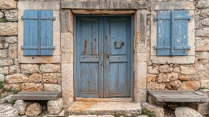 A Rustic Stone Facade With a Weathered Blue Door, Flanked by Two Blue Shutters, and Two Wooden Benches