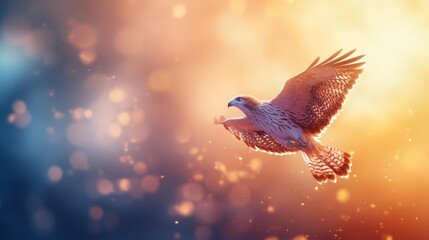 A soaring hawk in vibrant sunset light with a blurred background.