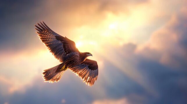 A majestic bird soaring through the sky against a backdrop of golden sunlight.