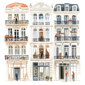 Watercolor Painting of a Parisian Building with Balcony Details.