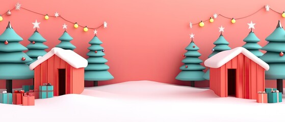Fototapeta premium Festive winter landscape with decorated trees and cozy cabins, perfect for holiday themes.