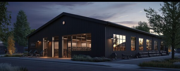 Obraz premium A sleek dark grey exterior fitness studio, focusing on high-intensity training and personal coaching, located in a health-conscious community