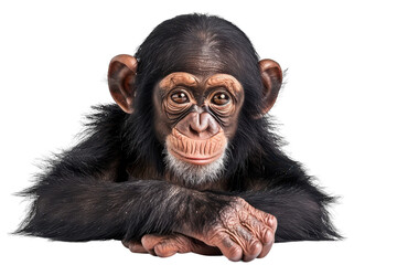 Naklejka premium A playful young chimpanzee resting its chin on its hands, showcasing a curious gaze in a well-lit studio setting on transparent background