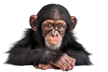 A playful young chimpanzee resting its chin on its hands, showcasing a curious gaze in a well-lit studio setting on transparent background