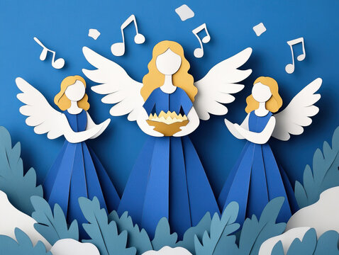Three whimsical paper-cut angels sing joyfully against a vibrant blue backdrop, embodying peace and harmony with nature.