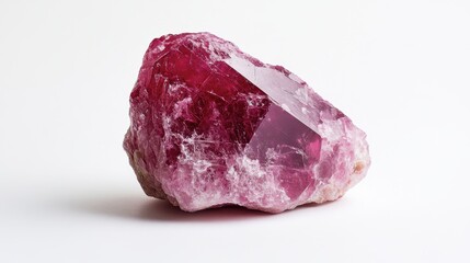 Obraz premium A raw, unpolished ruby crystal set against a stark white background, highlighting its natural structure.