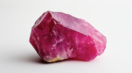 Obraz premium A raw, unpolished ruby crystal set against a stark white background, highlighting its natural structure.