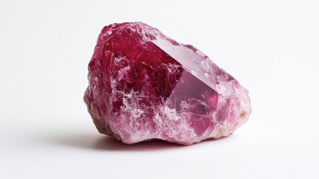 A raw, unpolished ruby crystal set against a stark white background, highlighting its natural structure.
