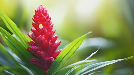 Fototapeta premium A red ginger flower seen up close, with its vibrant color contrasting against the green leaves in the background.