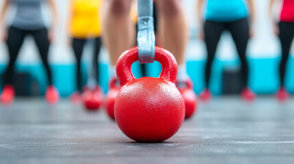 Red kettlebells line up for a fitness class.