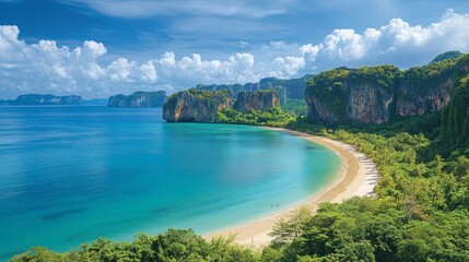 Obraz premium A scenic shot of the Railay Beach in Krabi, surrounded by limestone cliffs and lush vegetation.