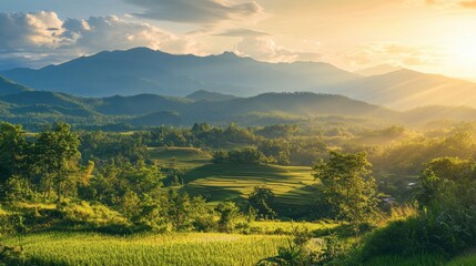 Obraz premium A scenic shot of the mountains and rice terraces in Pai, a backpacker paradise in northern Thailand.