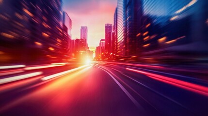 Obraz premium Abstract Blurred Cityscape with Light Trails at Sunset