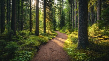 Obraz premium A scenic trail winding through Ackmon National Park dense forest, with sunlight filtering through the tall trees.