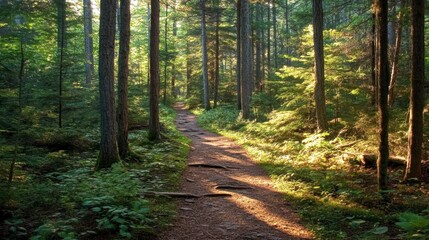 Fototapeta premium A scenic trail winding through Ackmon National Park dense forest, with sunlight filtering through the tall trees.