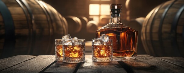 Whiskey bottle and glasses with ice cubes 