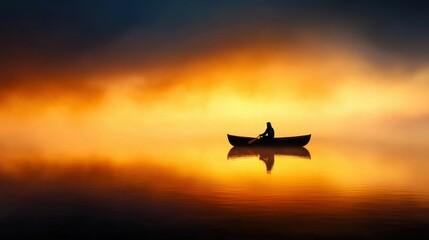Lone Fisherman Rowing on Calm Lake Waters at Dawn