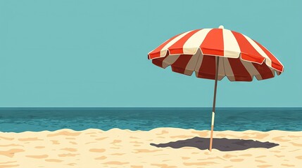   A red and white striped umbrella sits atop a sandy beach near the ocean on a sunny day