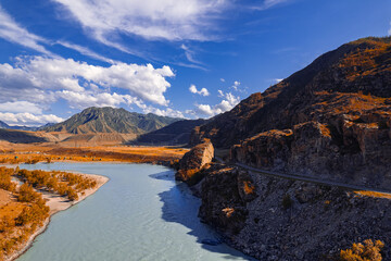 Beautiful autumn landscape Katun river and mountains, famous tourist spot in republic Altai...