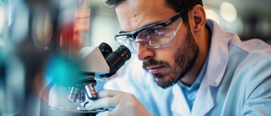 Focused lab technician observing samples under microscope, wearing protective glasses and gloves.
