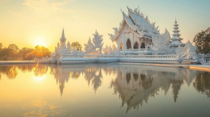 A serene view of Wat Rong Khun, the famous White Temple in Chiang Rai, with its unique architectural details.