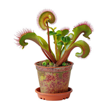 Flycatcher plant, dionea predator in a pot, transparent background, PNG.