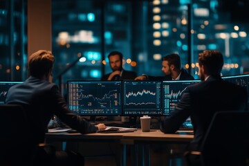 Business professionals analyzing financial data in a modern office at night with city lights illuminating the skyline
