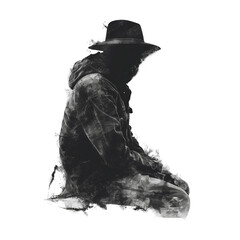 A black and white silhouette of a man wearing a hat. The silhouette is surrounded by a gray brushstroke effect, creating a mysterious and abstract feel. © Papilouz Studio