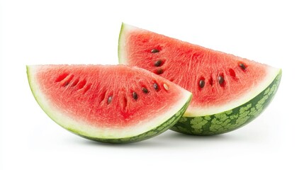 Two juicy half-cut watermelon slice isolated on a clean white background.