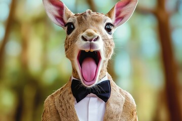 Surprised Kangaroo Dressed in Tuxedo with Open Mouth