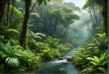 Naklejka premium Lush Tropical Forest Scene with Stream and Sunlight – Realistic Digital Painting 
