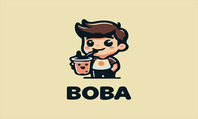 Cartoon boy enjoying boba tea; perfect for bubble tea shops, kidfriendly designs, vektor, baground, logo, beverage concepts, childrens menus, food blogs