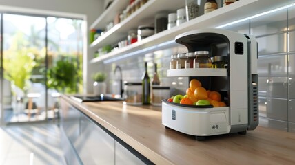 Modern kitchen with robot organizing groceries and fresh produce, National Robotics Week
