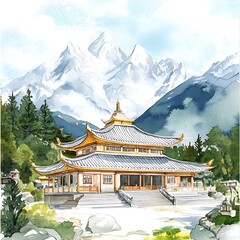 Traditional Chinese Pagoda Watercolor Painting with Mountain Background.