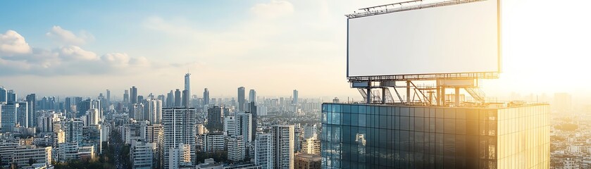 White billboard placed on top of a glass building, surrounded by a concrete jungle, bright morning light, wideangle