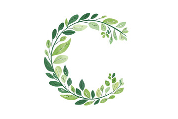 Floral Letter C with Lush Green Leaves and Botanical Typography, Nature-Inspired Alphabet Design on Transparent Background, Perfect for Eco-Friendly and Environmental Themes