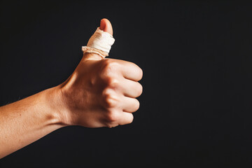 Hand with thumb up, bandaged with medical bandage, copyspace