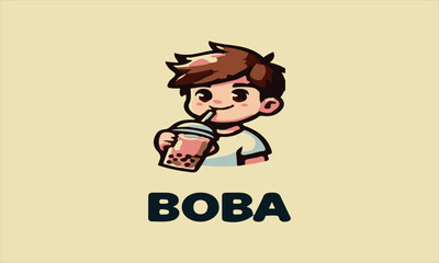 Cartoon boy enjoying boba tea; perfect for bubble tea shops, kidfriendly designs, vektor, baground, logo, beverage concepts, childrens menus, food blogs