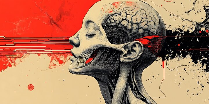 Abstract artistic illustration of a human head exploding with red and black ink, with a detailed view of the brain.