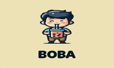 Cartoon boy enjoying boba tea; perfect for bubble tea shops, kidfriendly designs, vektor, baground, logo, beverage concepts, childrens menus, food blogs