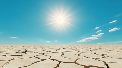 Dry cracked earth under a scorching desert sun with a cloudless blue sky
