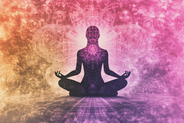 A man is sitting in a lotus position in a room with a lot of colorful patterns