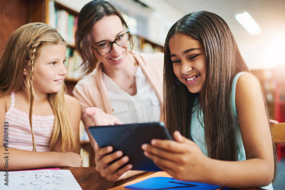 Poster Teacher, kids and online with tablet for education, elearning and math game for numbers solving skill. School, educator and students in elementary for knowledge, multiplication and studying app