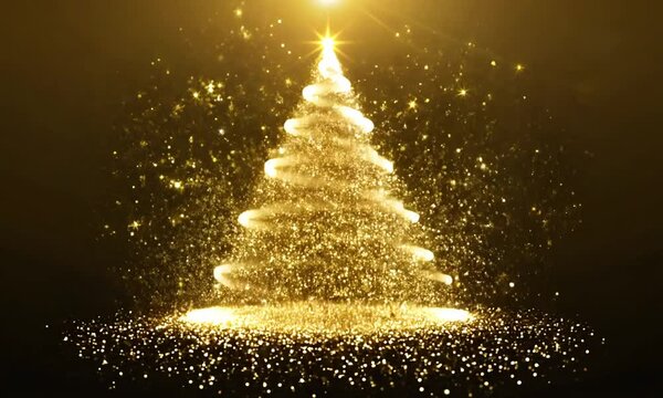 Glowing spiral Christmas tree with sparkling golden light and festive atmosphere on a dark background