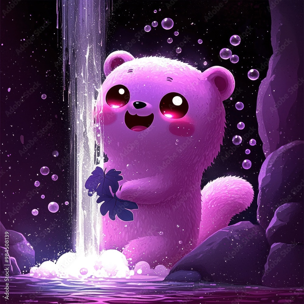 Wall mural Adorable Purple Cartoon Animal Under Waterfall