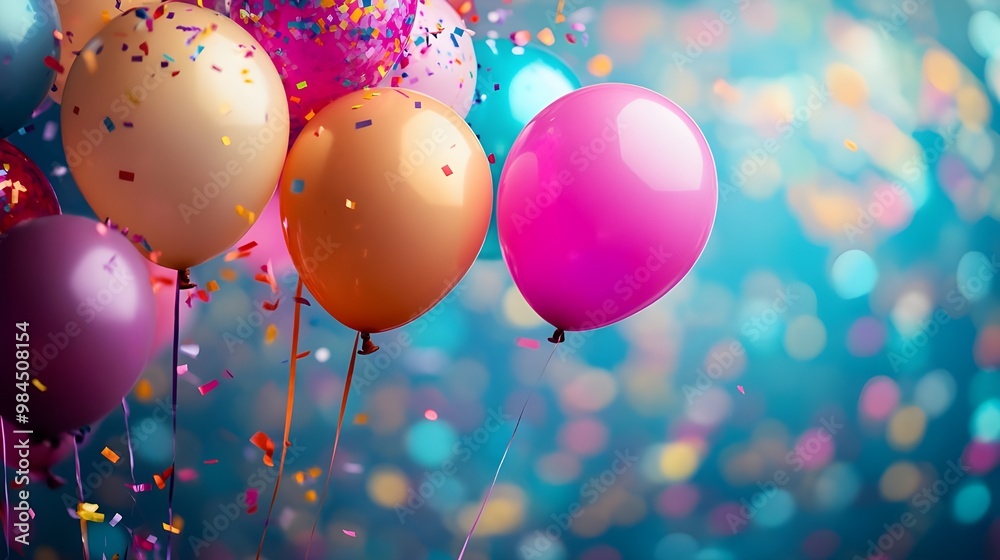 Fototapete Colorful balloons with bokeh background. 3D Rendering - Generated AI