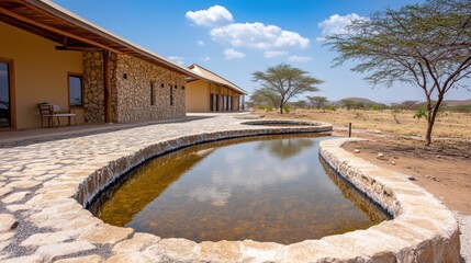 Fototapeta premium Luxury Desert Lodge with Serene Oasis Pool in Tranquil Safari Setting
